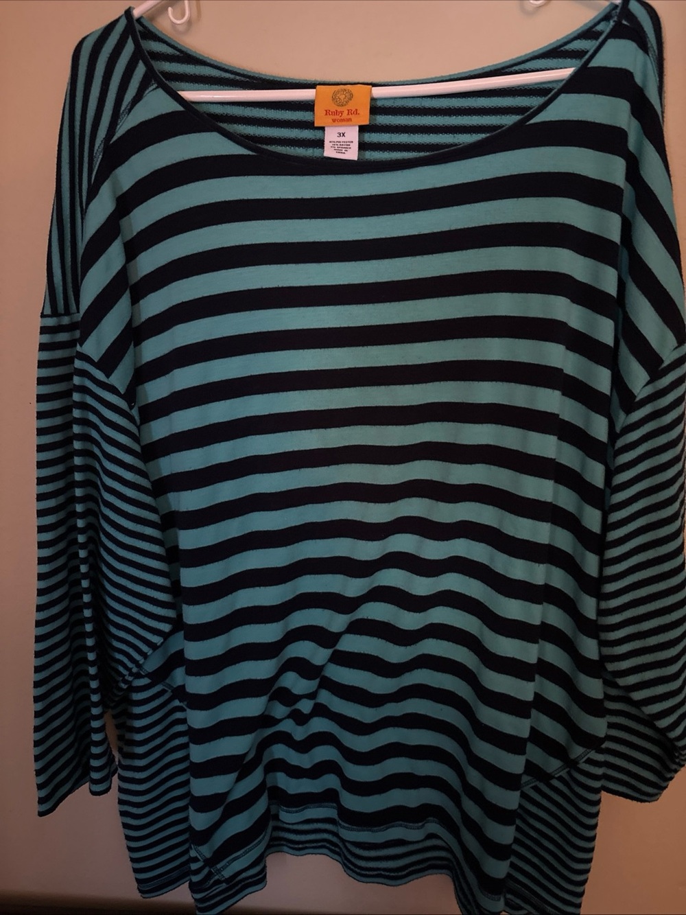 Ruby Rd. Teal and Black Striped Boatneck Long Sleeve Top